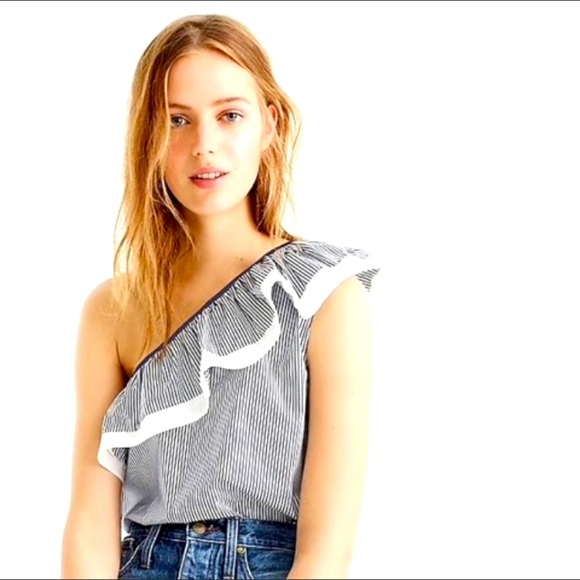 J. Crew Ruffled One Shoulder Stripes Top size 12P - Picture 2 of 10